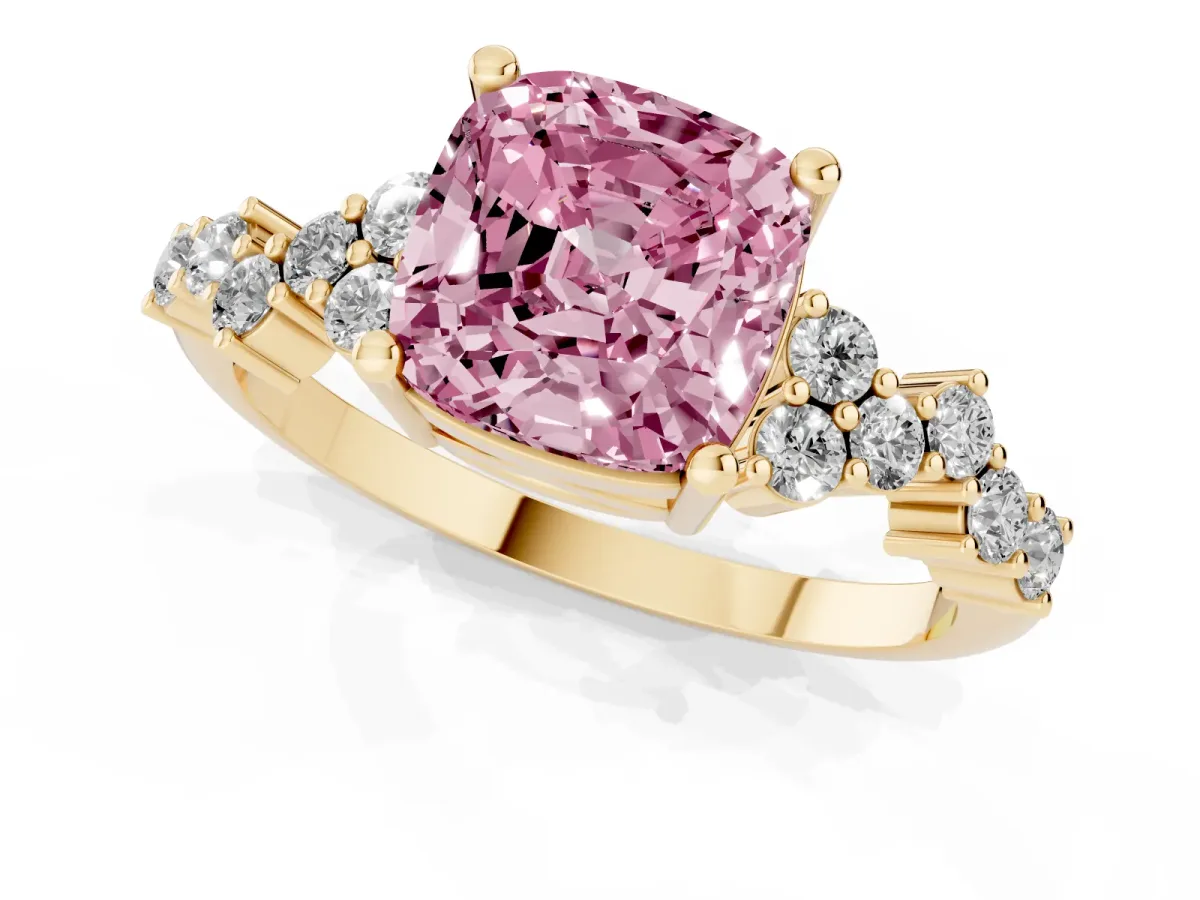 Fancy Pink Cushion Cut Diamond Scattered Round Accent Ring with Prong Setting Yellow gold