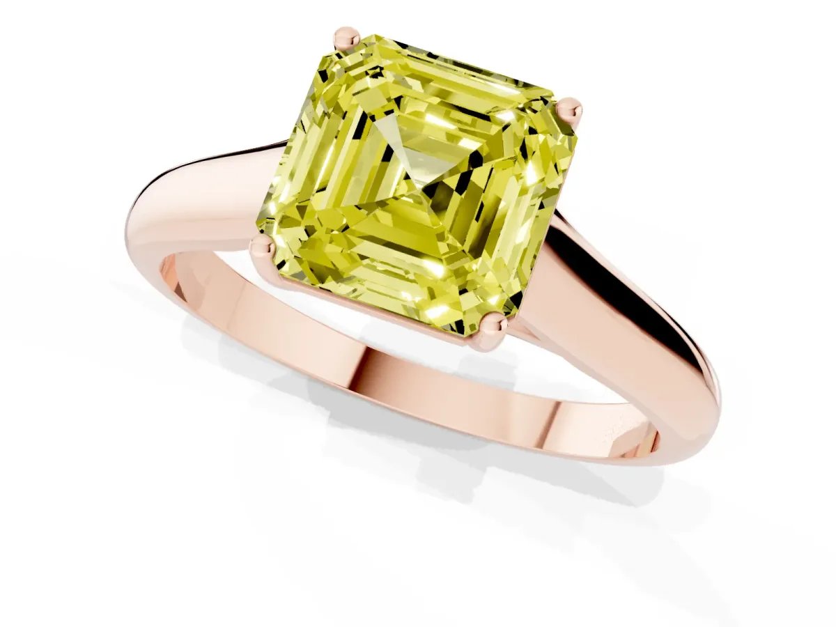 Fancy Yellow Asscher Cut Solitaire Engagement Ring with Tapered Band and Four-Prong Setting Rose gold