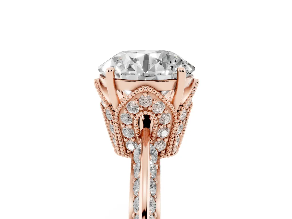 Round Cut Solitaire Split Shank Pave Diamond Engagement Ring with Four-Prong Setting Rose gold