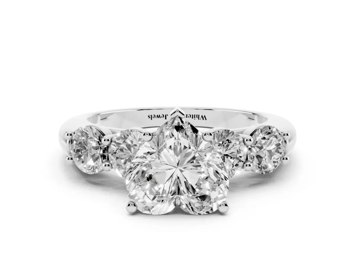 Heart Cut Cut Five-Stone Prong Set Diamond Ring with Classic Band Platinum