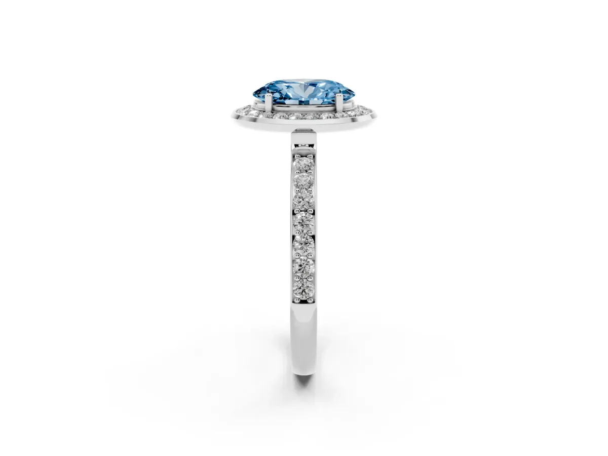 Fancy Blue Oval Cut Diamond Halo Ring with Bezel Frame and Pavé Band Silver