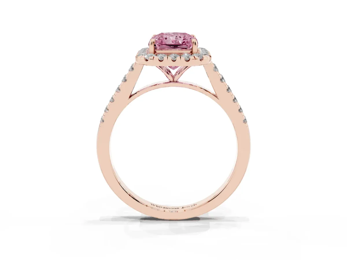 Fancy Pink Radiant Cut Halo Pave Diamond Engagement Ring with Four-Prong Setting Rose gold