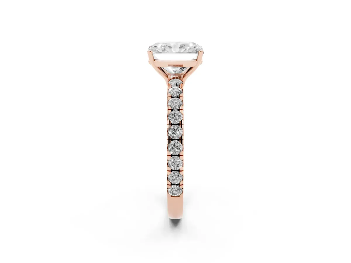 Radiant Cut Diamond Pavé Solitaire Engagement Ring with Four-Prong Setting Rose gold