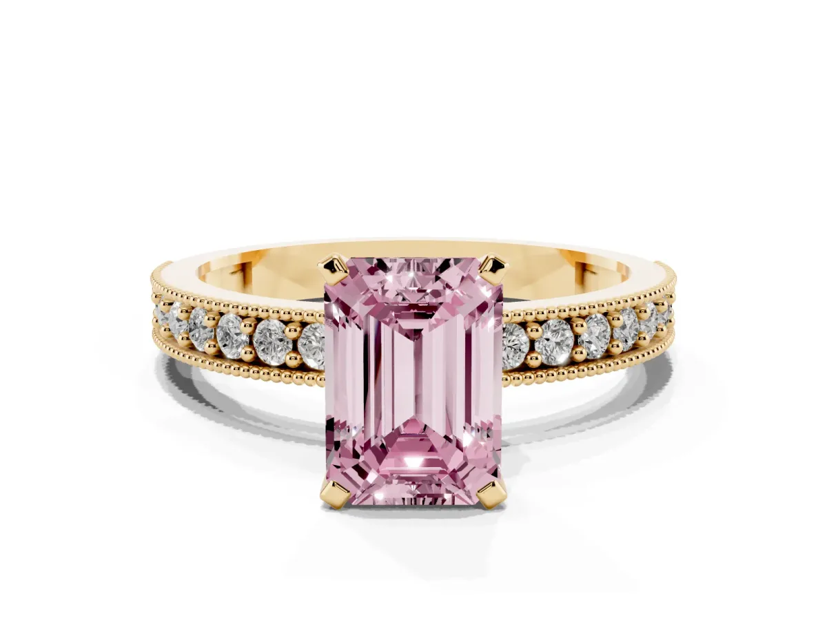 Fancy Pink Emerald Cut Diamond Milgrain Pavé Engagement Ring with Four-Prong Setting Yellow gold
