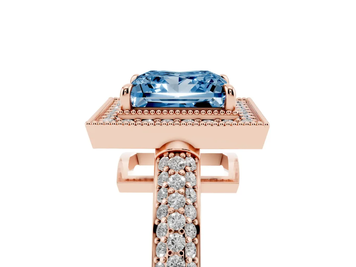 Fancy Blue Princess Cut Cut Halo Diamond Pave Band with Four-Prong Setting Rose gold