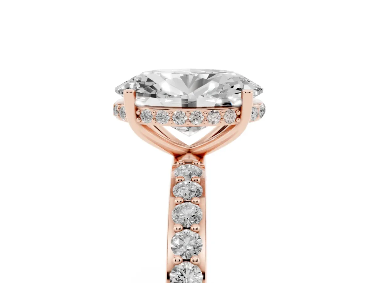 Oval Cut Diamond Solitaire Ring with Pavé Band and Hidden Halo Rose gold