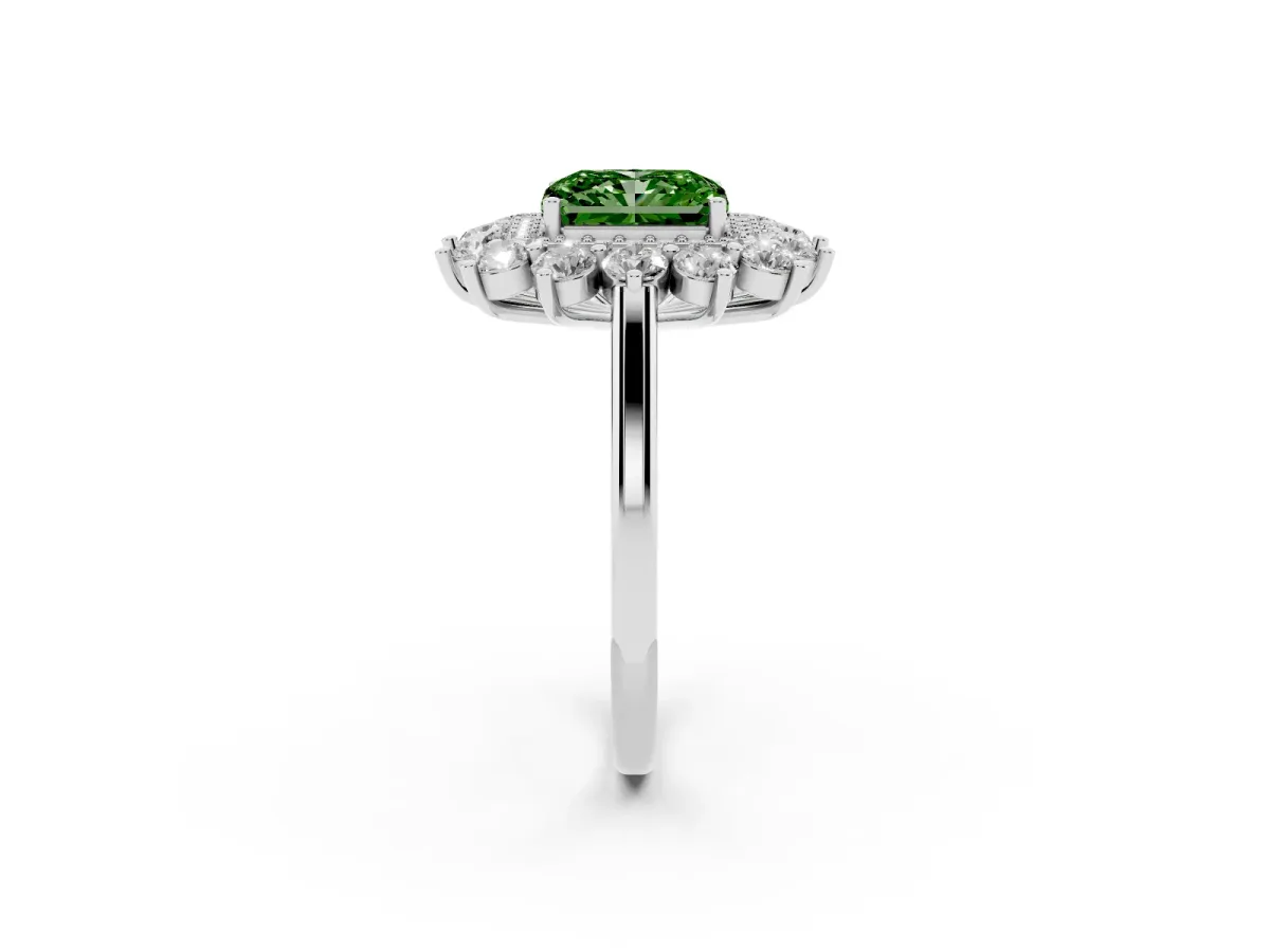 Fancy Green Radiant Cut Diamond Floral Double Halo Engagement Ring with Prong Setting Platinum