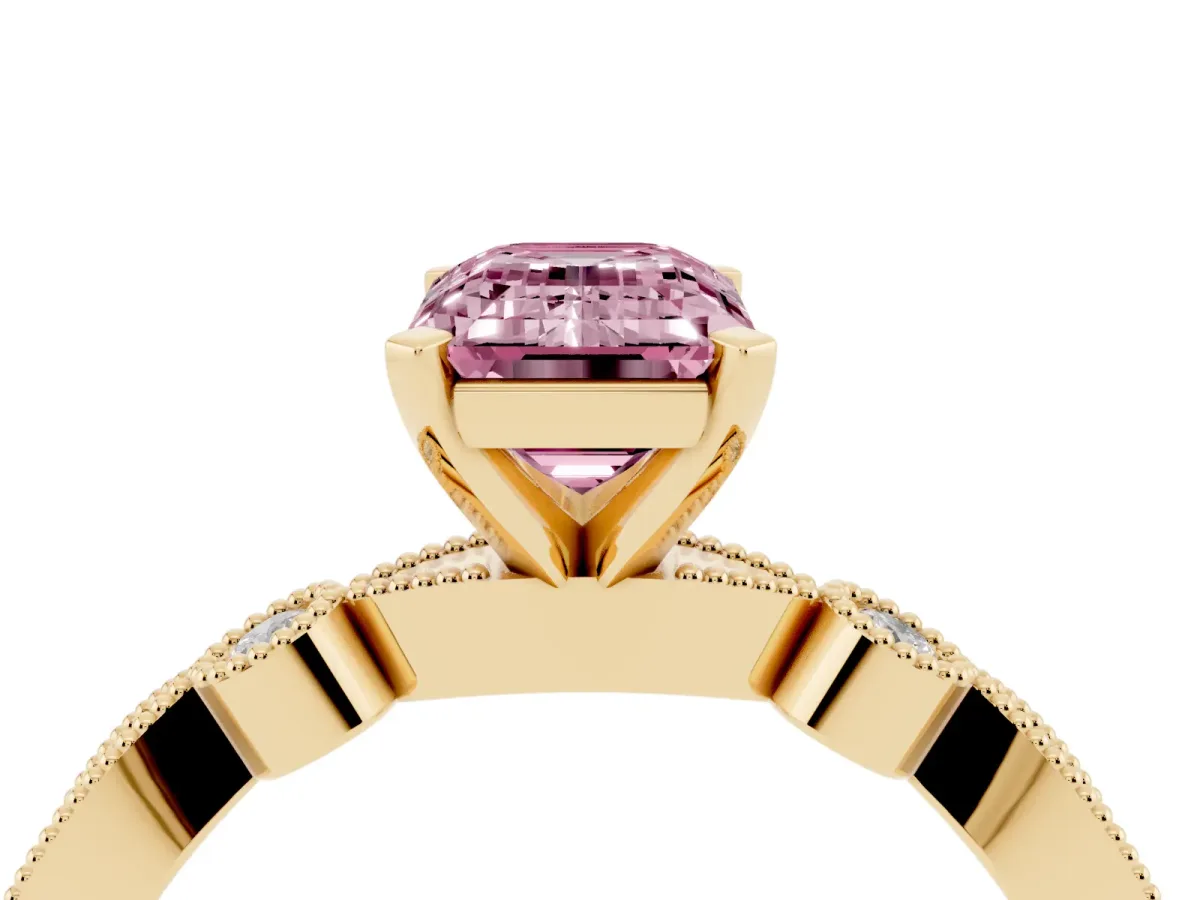 Fancy Pink Emerald Cut Milgrain Bezel Diamond Engagement Ring with Solitaire Prong Setting Yellow gold