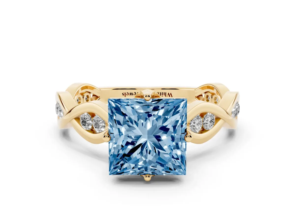 Fancy Blue Princess Cut Solitaire Twist Band with Leaf Prong Setting Yellow gold