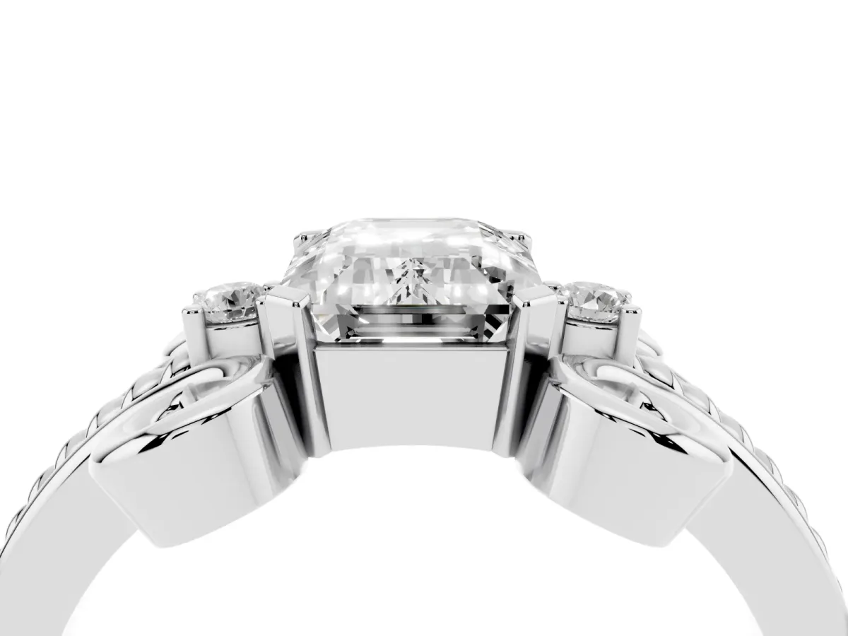 Emerald Cut Solitaire Twisted Band Scroll Prong Ring Silver