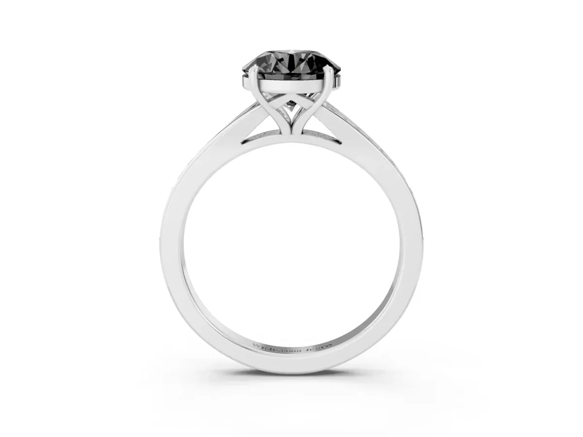 Fancy Black Round Cut Diamond Solitaire Ring with Pavé Band and Prong Setting Silver
