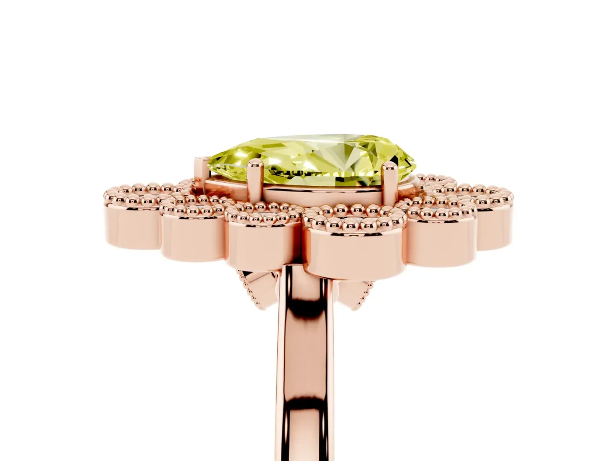 Fancy Yellow Pear Cut Halo Diamond Cluster Engagement Ring with Milgrain Bezel Setting and Solitaire Band Rose gold