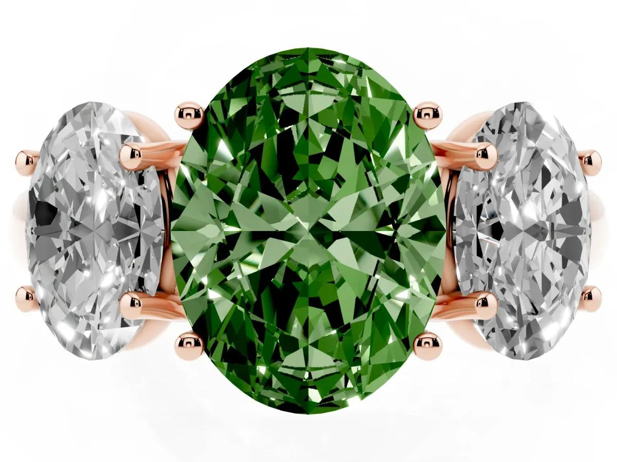 Fancy Green Three-Stone Oval Cut Diamond Engagement Ring with Prong Setting Rose gold