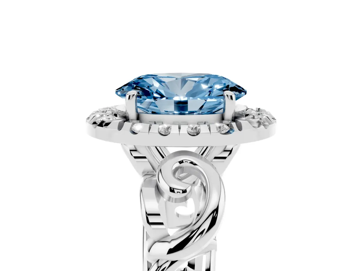 Fancy Blue Oval Cut Cut Halo Diamond Ring with Scrollwork Band and Four-Prong Setting Silver
