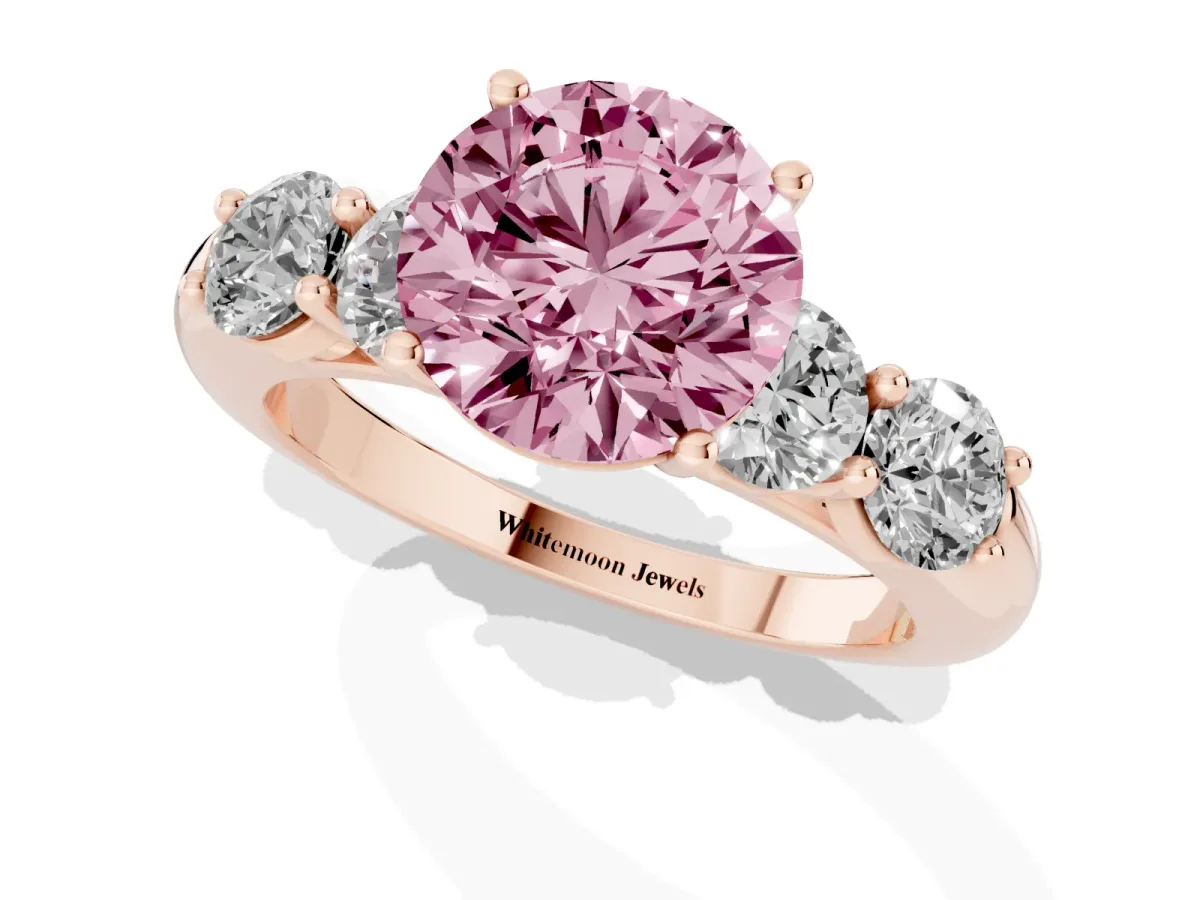 Fancy Pink Round Cut Cut Five-Stone Prong Set Diamond Ring with Classic Band Rose gold