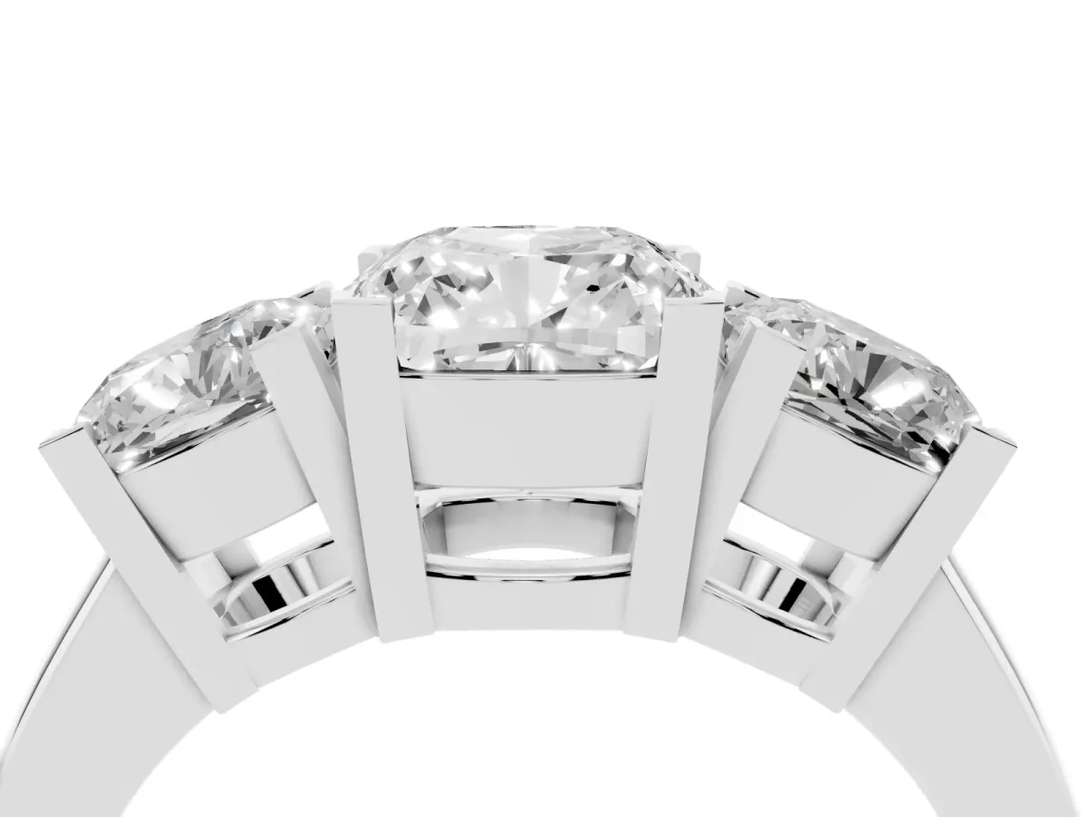 Three-Stone Cushion Cut Cut Diamond Ring with Channel Set Band and Four-Prong Setting Silver