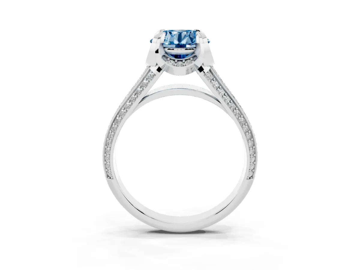 Fancy Blue Round Cut Solitaire Pave Split Shank Ring with Four-Prong Setting Platinum