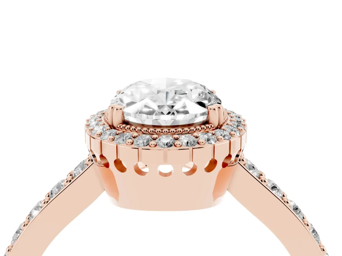 Oval Cut Cut Diamond Halo Engagement Ring with Milgrain Detail and Pavé Band Rose gold