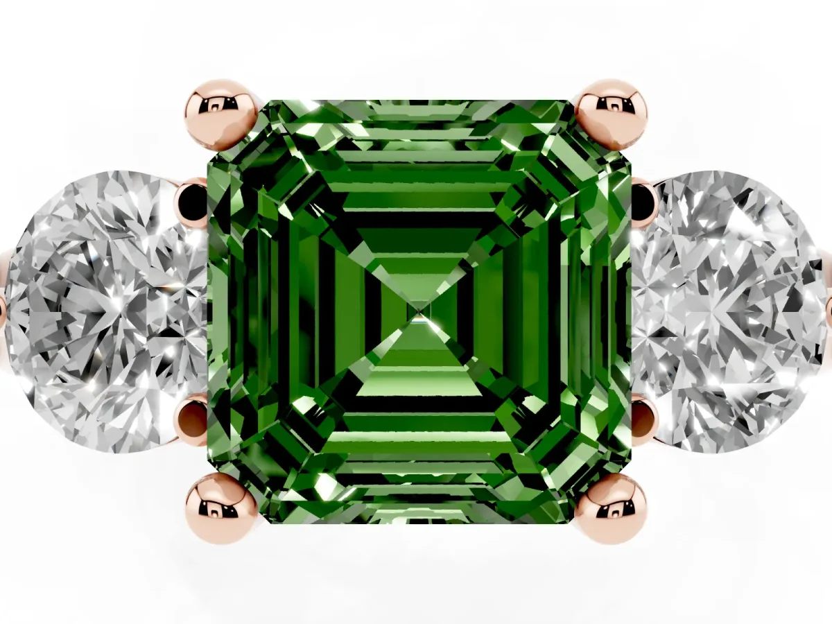 Fancy Green Three-Stone Asscher Cut Brilliant Cut Solitaire Ring with Prong Setting on a Classic Band Rose gold