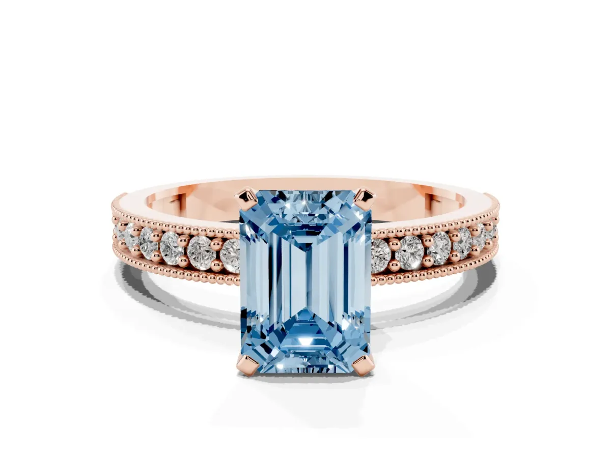 Fancy Blue Emerald Cut Diamond Milgrain Pavé Engagement Ring with Four-Prong Setting Rose gold