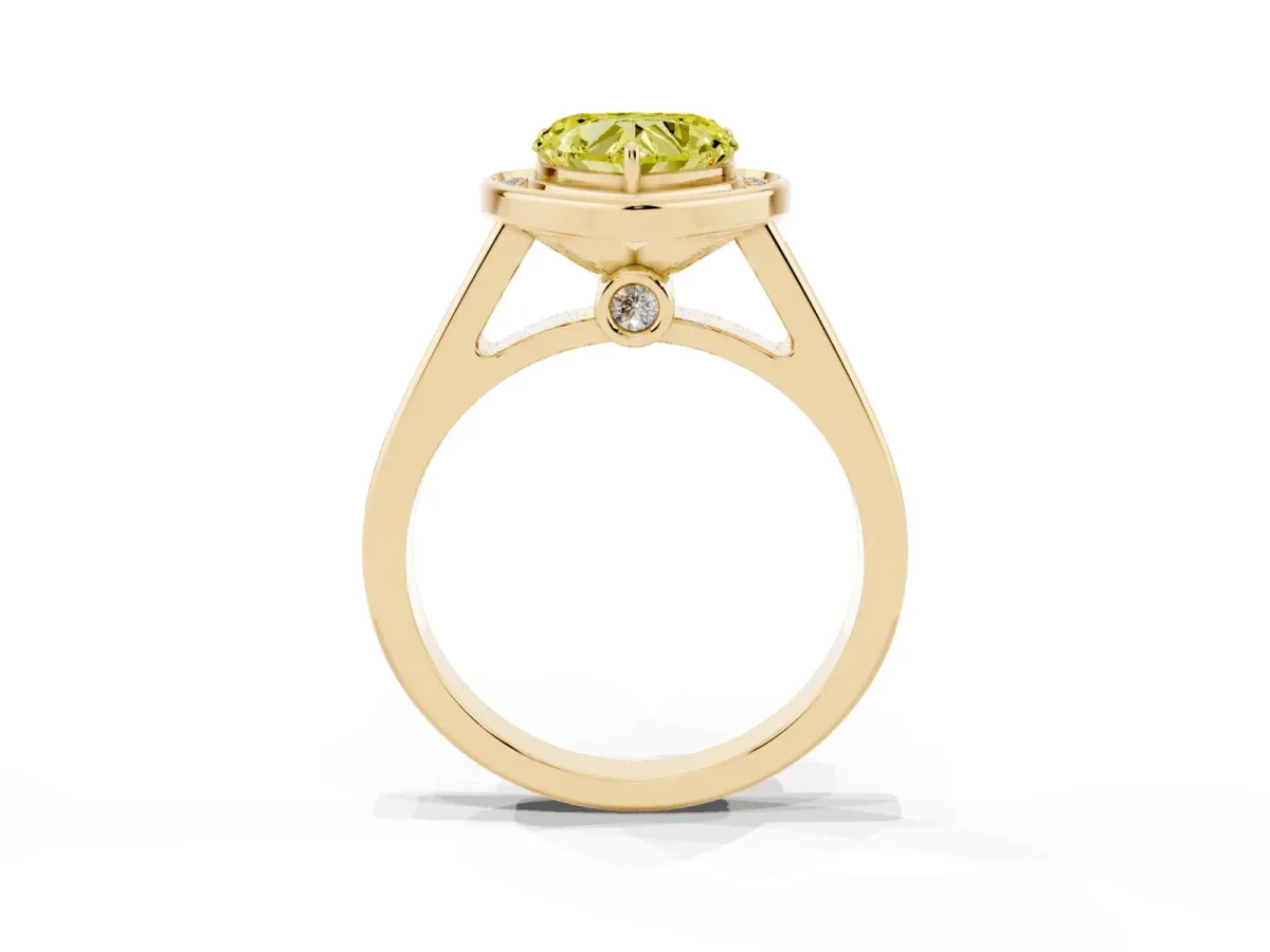 Fancy Yellow Heart Cut Halo Solitaire Diamond Ring with Pave Band and Bezel Setting Yellow gold