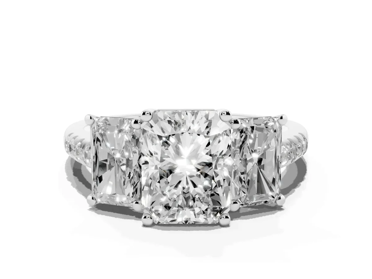 Three-Stone Radiant Cut Diamond Ring with Round Pavé Band and Prong Setting Silver