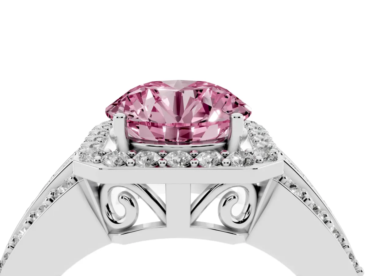 Fancy Pink Round Cut Halo Diamond Ring with Round Split Shank and Prong Setting Platinum