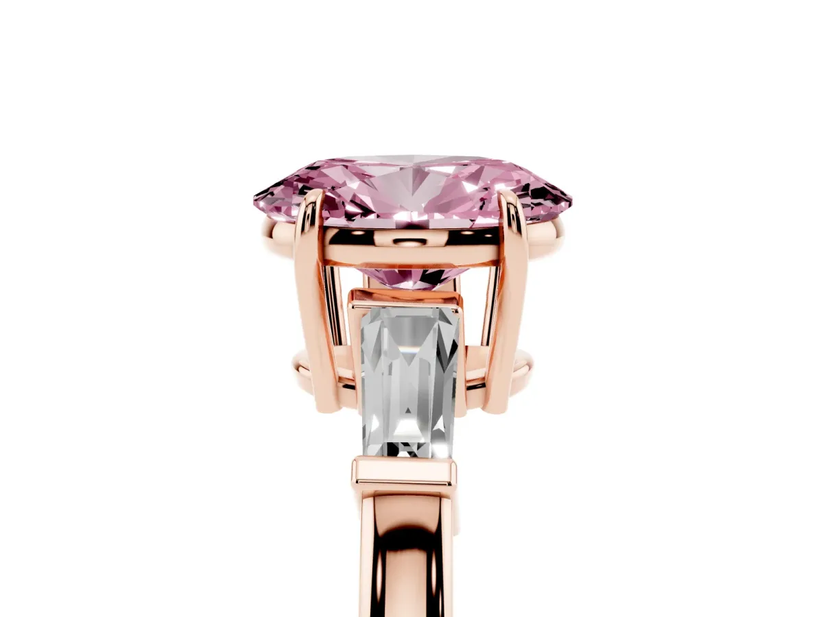 Fancy Pink Oval Cut Diamond Three-Stone Ring with Tapered Baguette Side Stones and Prong Setting Rose gold