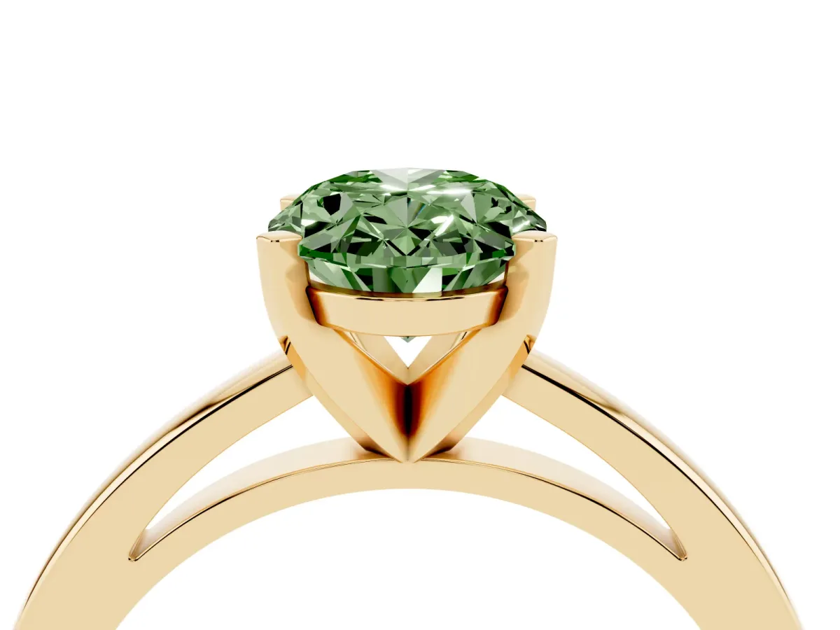 Fancy Green Oval Cut Solitaire Diamond Engagement Ring with Four-Prong Setting on a Classic Band Yellow gold