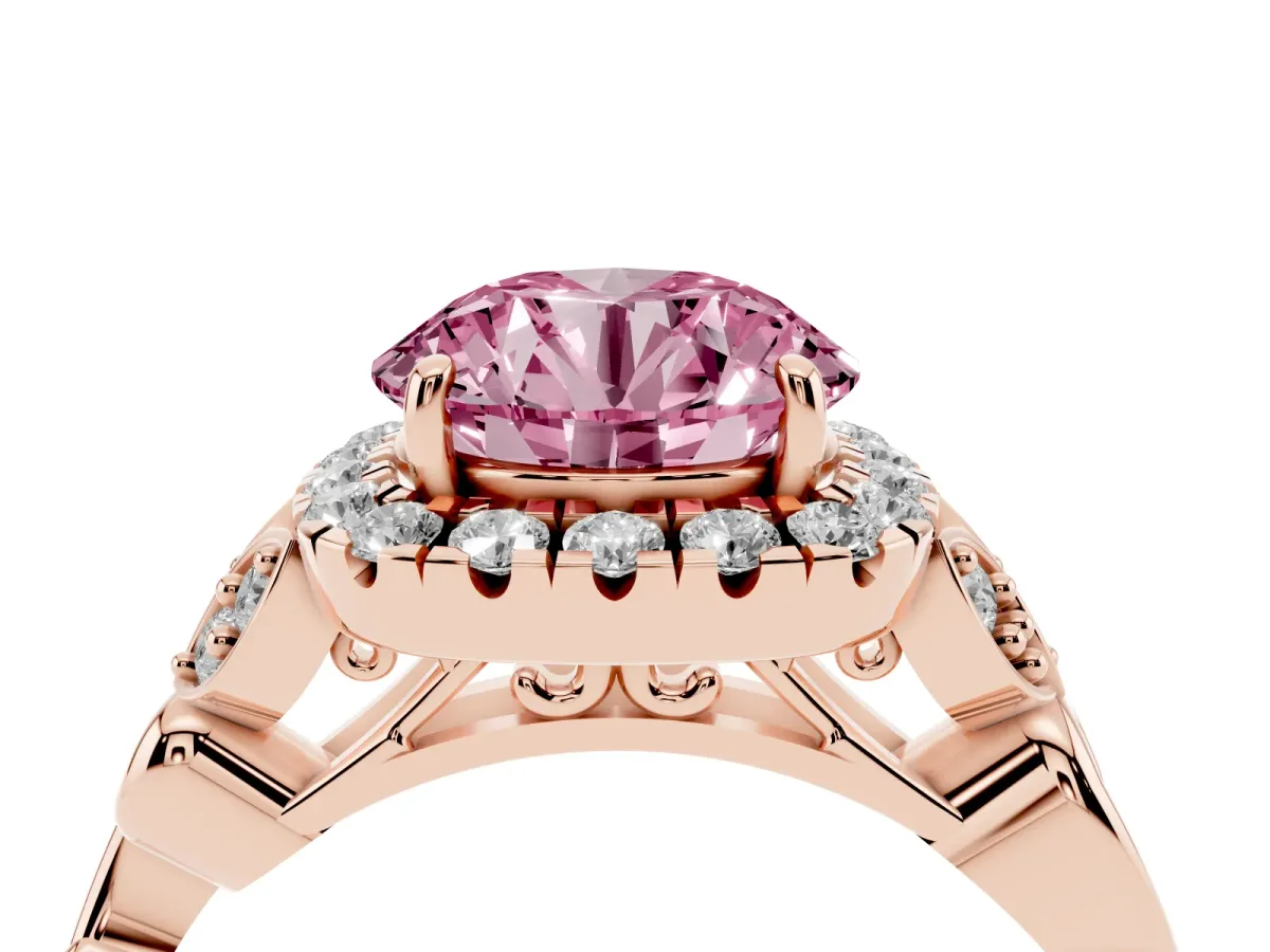 Fancy Pink Round Cut Halo Diamond Engagement Ring with Vintage-Inspired Band and Four-Prong Setting Rose gold