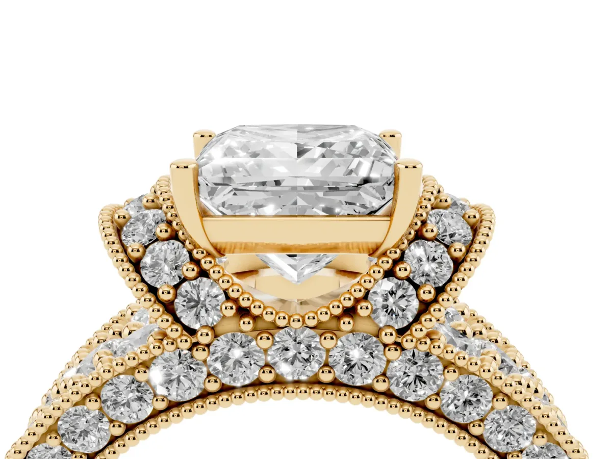 Princess Cut Halo Pave Diamond Engagement Ring with Milgrain Detailing Yellow gold