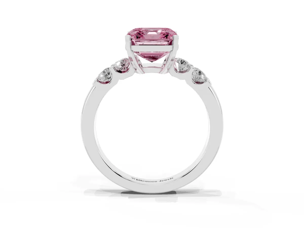 Fancy Pink Asscher Cut Brilliant Cut Diamond Five-Stone Prong Set Engagement Ring with Channel Band Silver