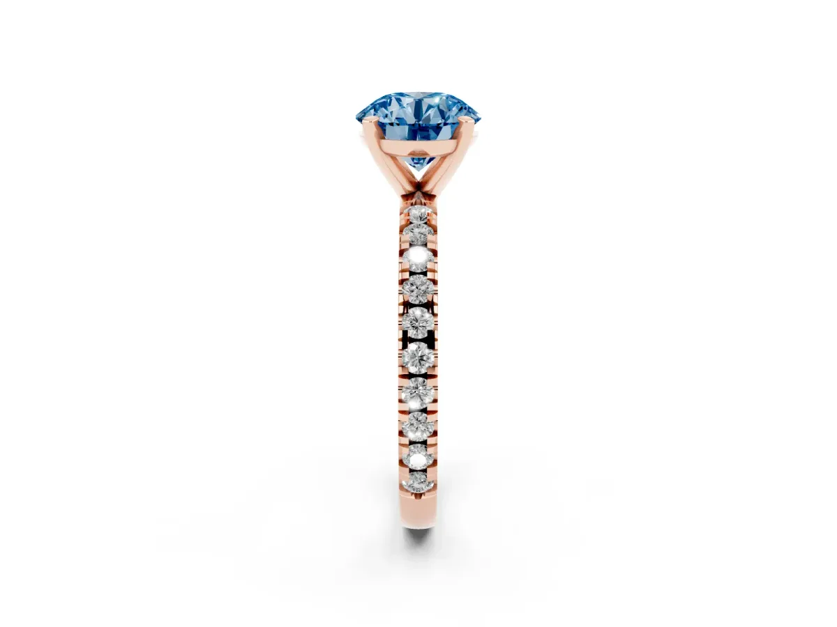 Fancy Blue Round Cut Diamond Pavé Band Solitaire with Four-Prong Setting Rose gold