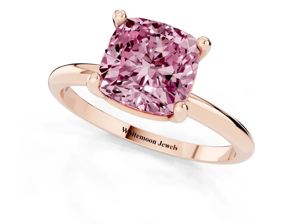 Fancy Pink Cushion Cut Solitaire Diamond Ring with 4-Prong Setting on a Classic Band Rose gold