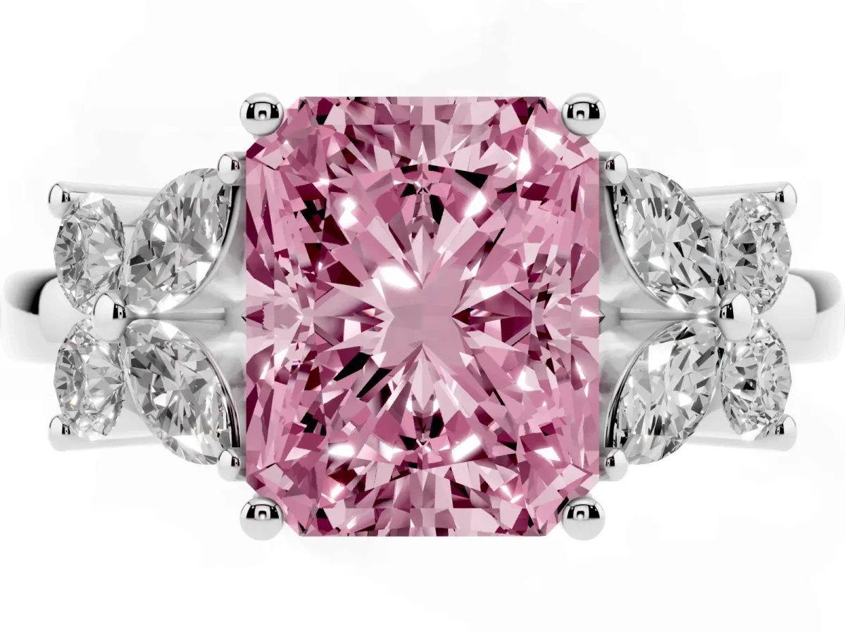 Fancy Pink Radiant Cut Diamond Floral Cluster Ring with Solitaire Band and Prong Setting Platinum