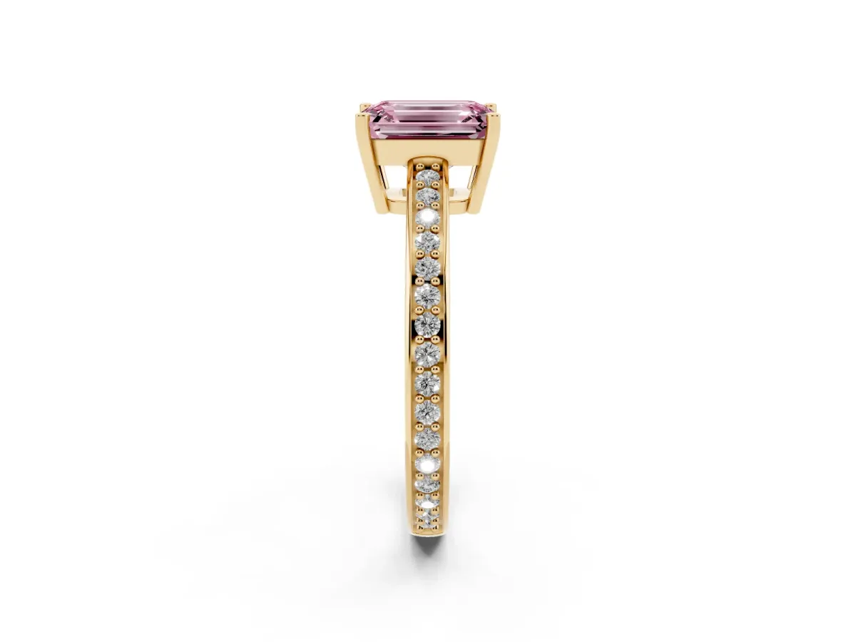 Fancy Pink Emerald Cut Solitaire Pavé Band Prong Setting Ring Yellow gold