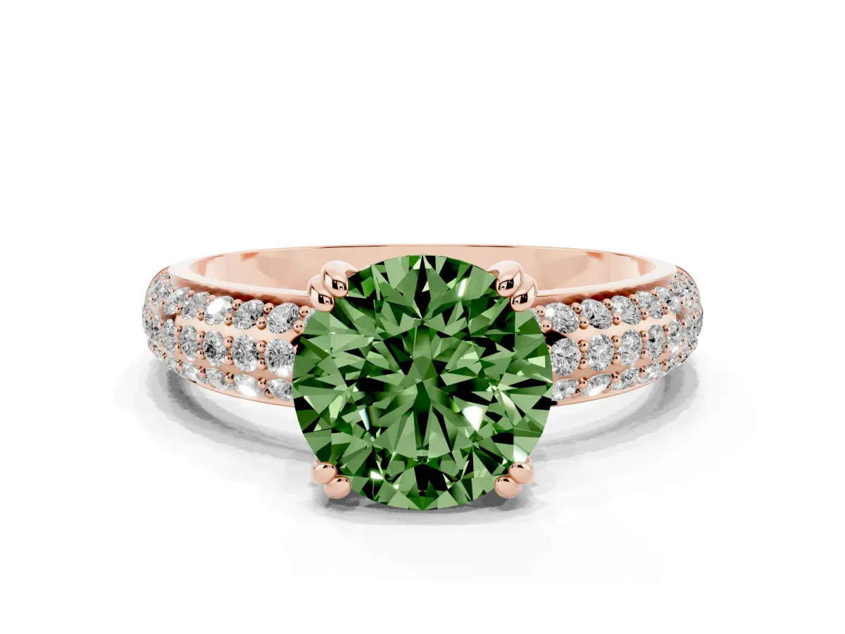Fancy Green Round Cut Diamond Solitaire Ring with Multi-Row Round Pavé Band and Prong Setting Rose gold