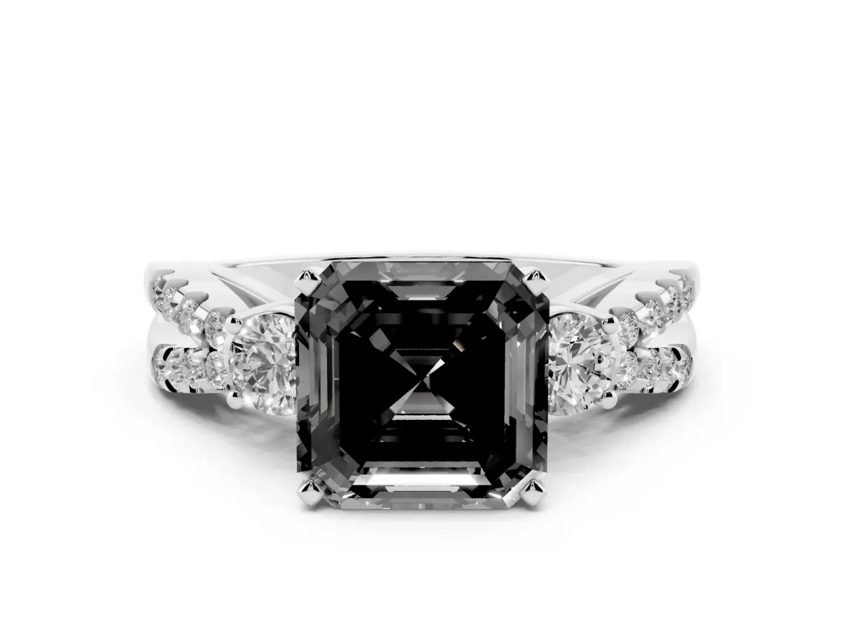 Fancy Black Asscher Cut Diamond Three-Stone Ring with Pavé Split Shank and Four-Prong Setting Silver