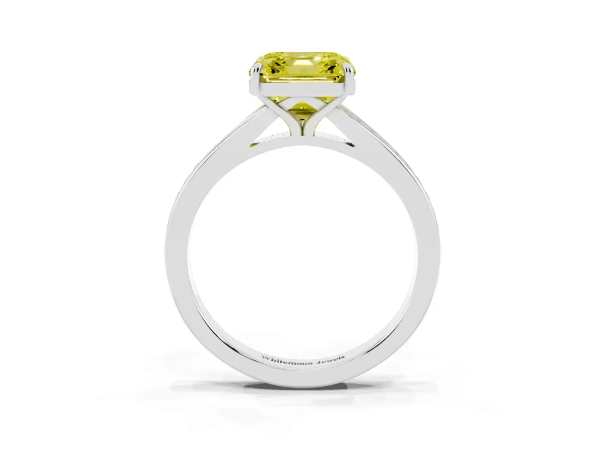 Fancy Yellow Asscher Cut Diamond Solitaire Ring with Pavé Band and Prong Setting Silver