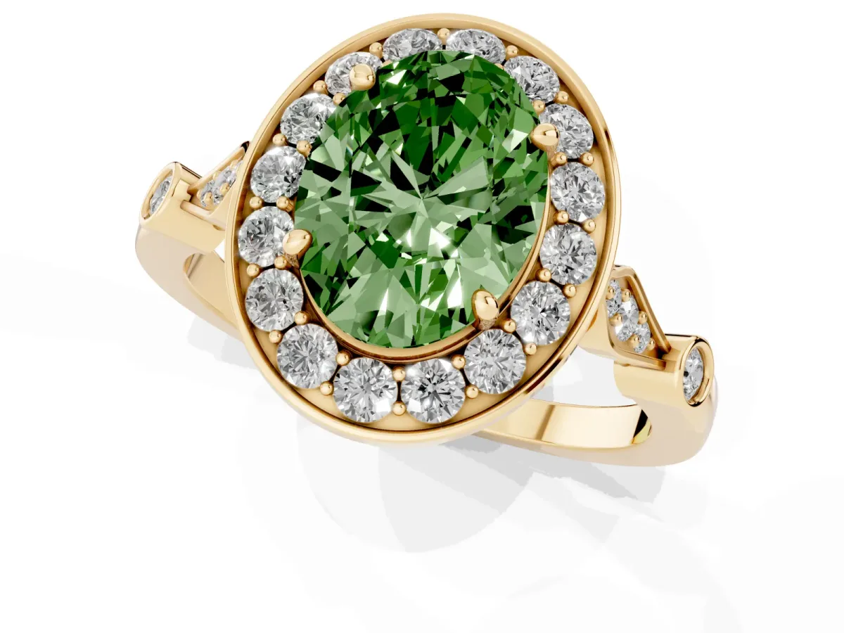 Fancy Green Oval Cut Halo Diamond Engagement Ring with Twisted Band and Four-Prong Setting Yellow gold