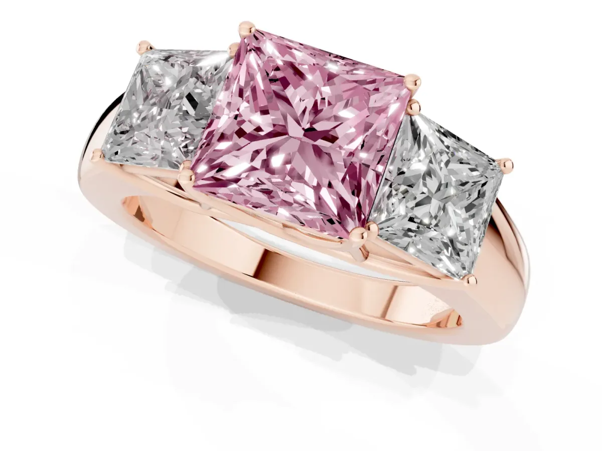 Fancy Pink Three-Stone Princess Cut Cut Diamond Ring with Prong Setting and Classic Band Rose gold