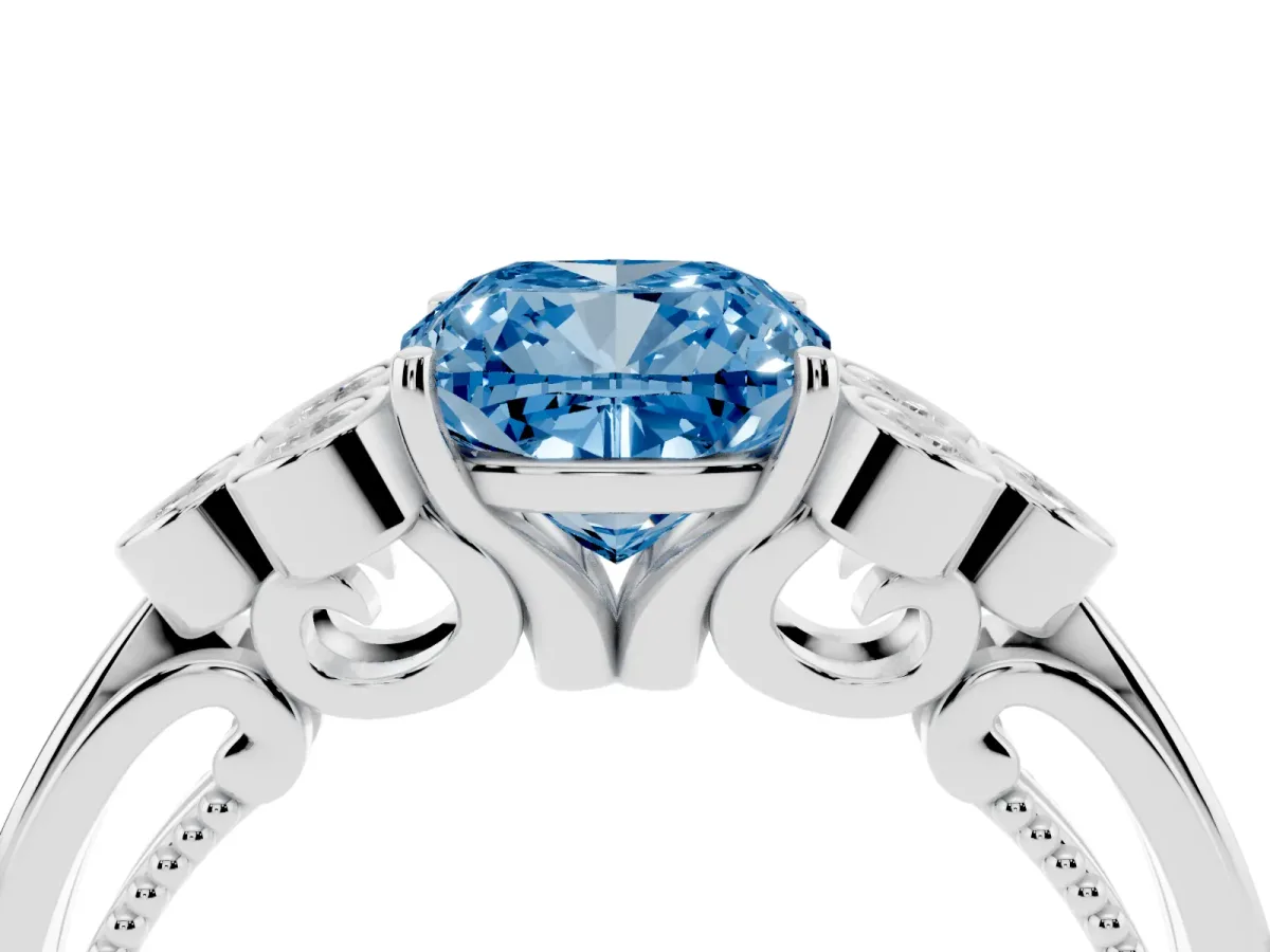 Fancy Blue Cushion Cut Cut Diamond Engagement Ring with Bezel Set Round Side Stones and Prong Setting White gold