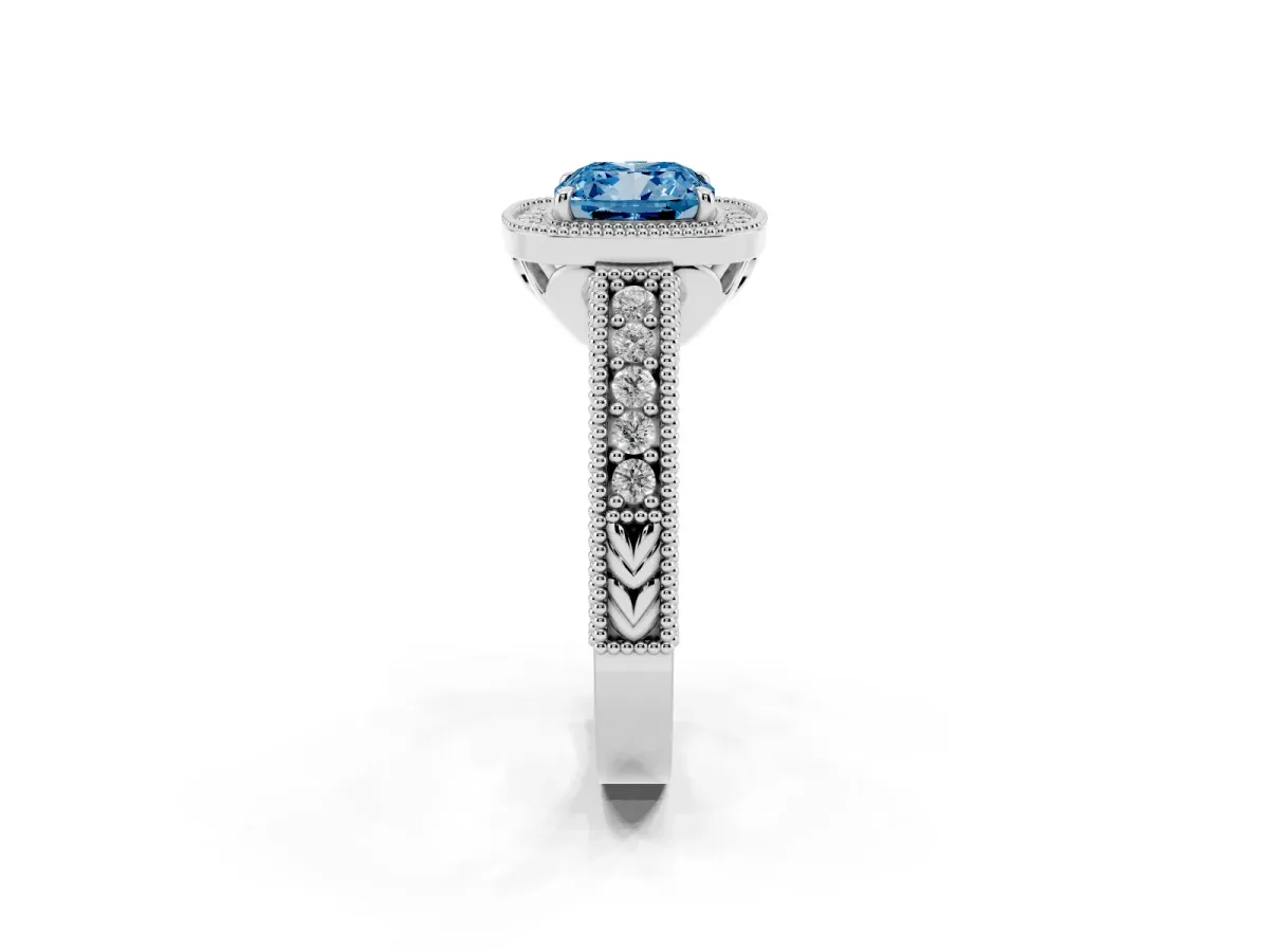 Fancy Blue Cushion Cut Cut Halo Diamond Ring with Pavé Band and Four-Prong Setting Silver