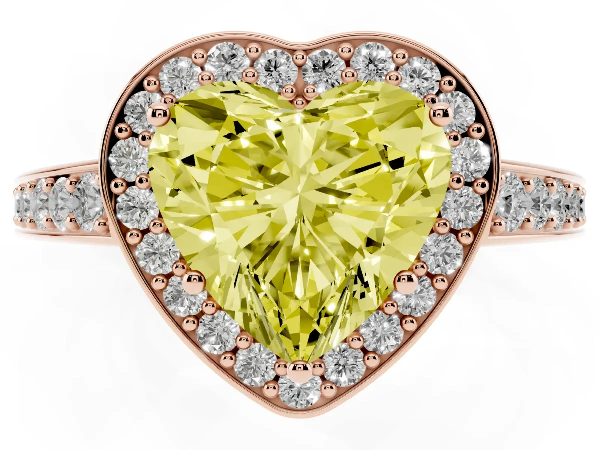 Fancy Yellow Heart Cut Halo Pavé Diamond Engagement Ring with Bezel Setting Rose gold