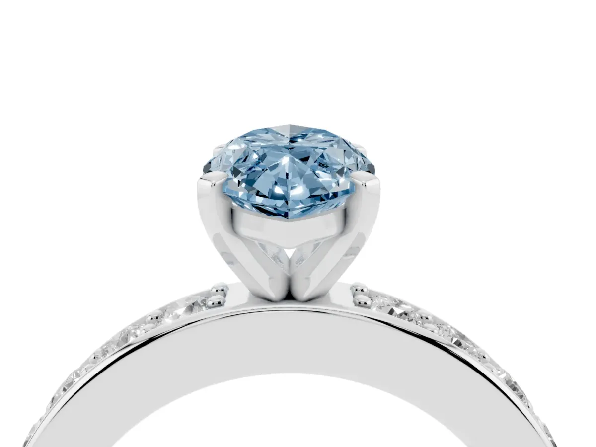 Fancy Blue Marquise Cut Diamond Engagement Ring with Channel Set Round Band and Prong Setting Platinum