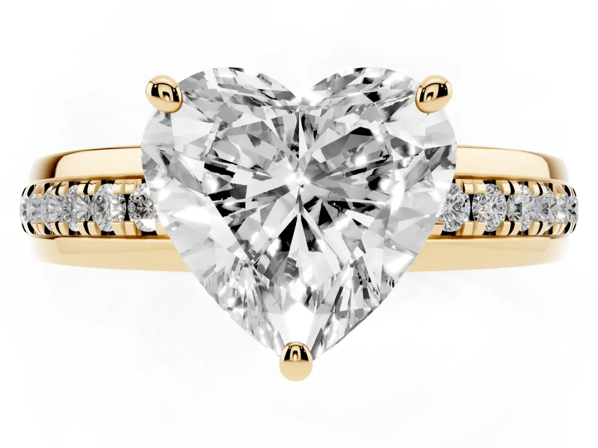 Heart Cut Solitaire Diamond Ring with Channel Set Band and Six-Prong Setting Yellow gold