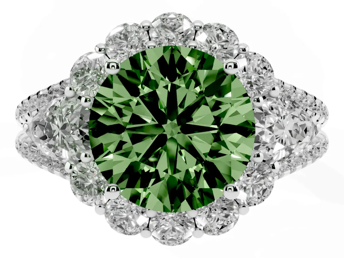 Fancy Green Round Cut Halo Split Shank Diamond Engagement Ring with Prong Setting Silver