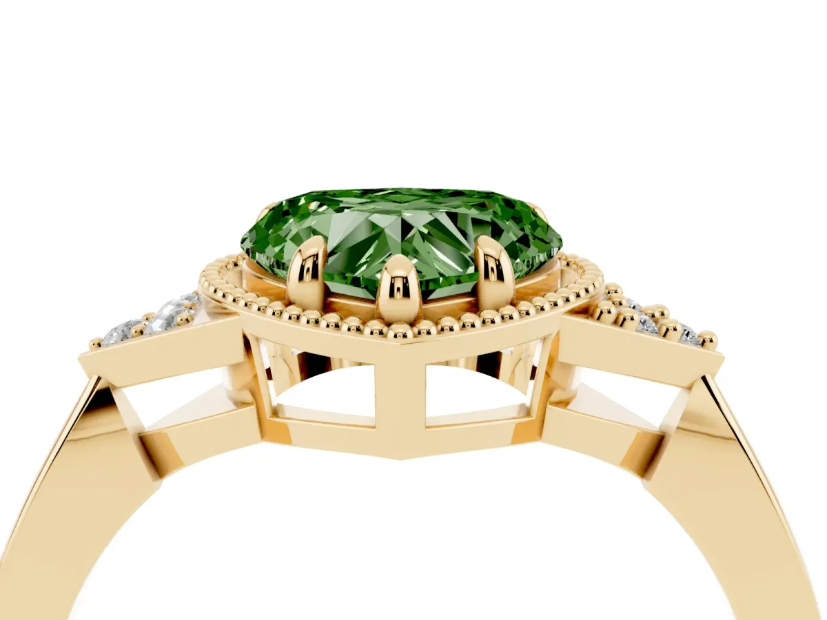 Fancy Green Hexagonal Halo Heart Cut Diamond Solitaire with Pavé Band and Four-Prong Setting Yellow gold