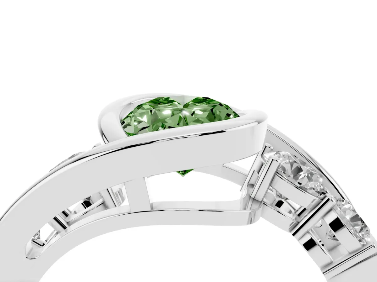 Fancy Green Bezel Set Oval Cut Diamond Bypass Ring with Round Accents Silver