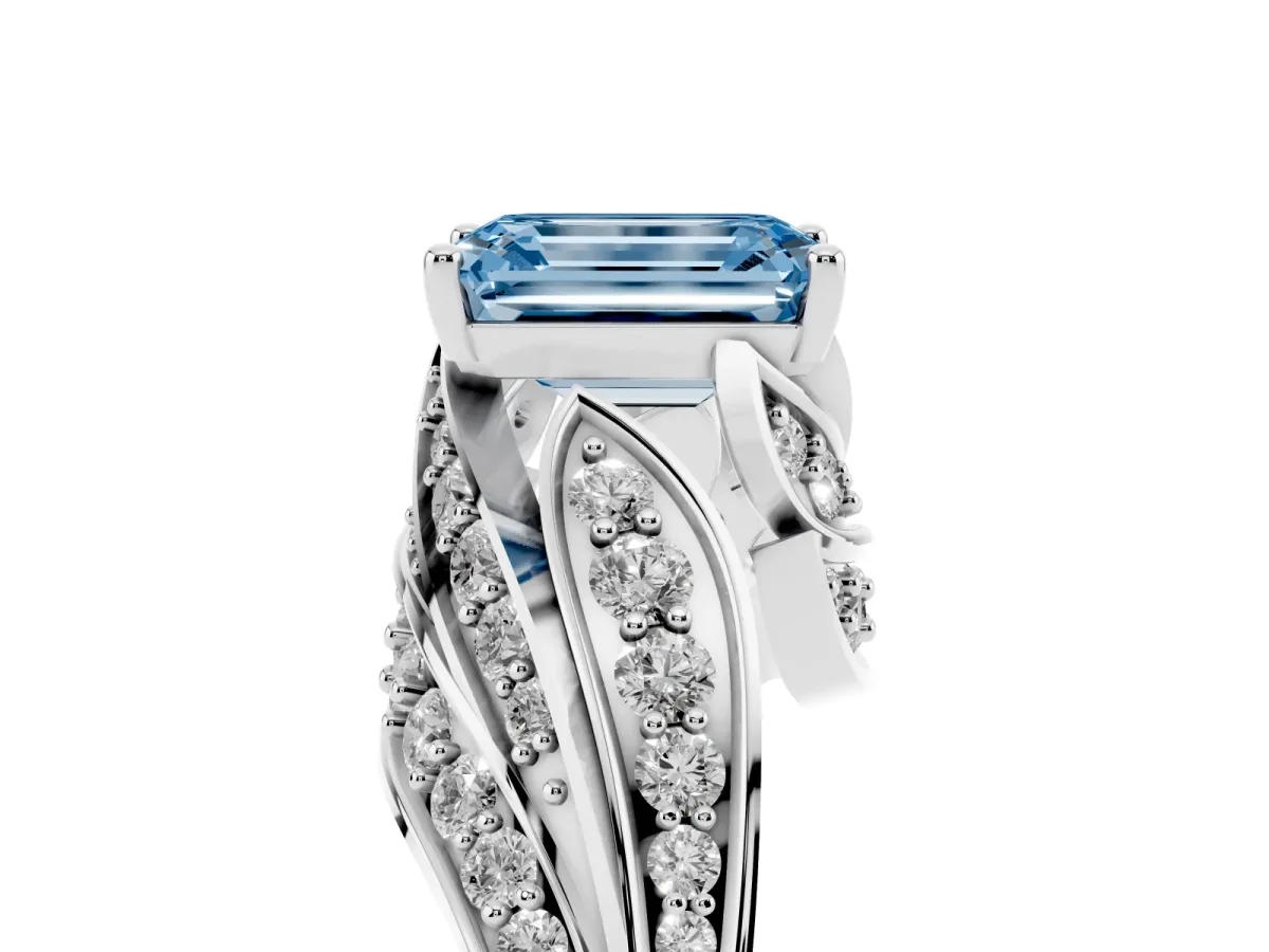 Fancy Blue Emerald Cut Diamond Solitaire Ring with Prong Setting and Twisted Pavé Band Platinum